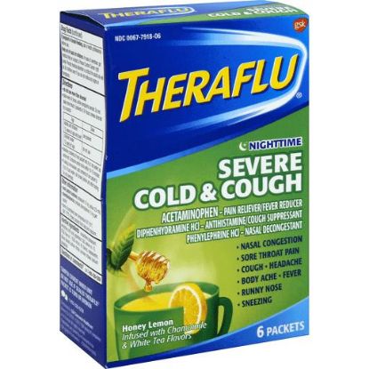Picture of Theraflu Severe Cold & Cough Nighttime Honey Lemon Packets 6 Ct